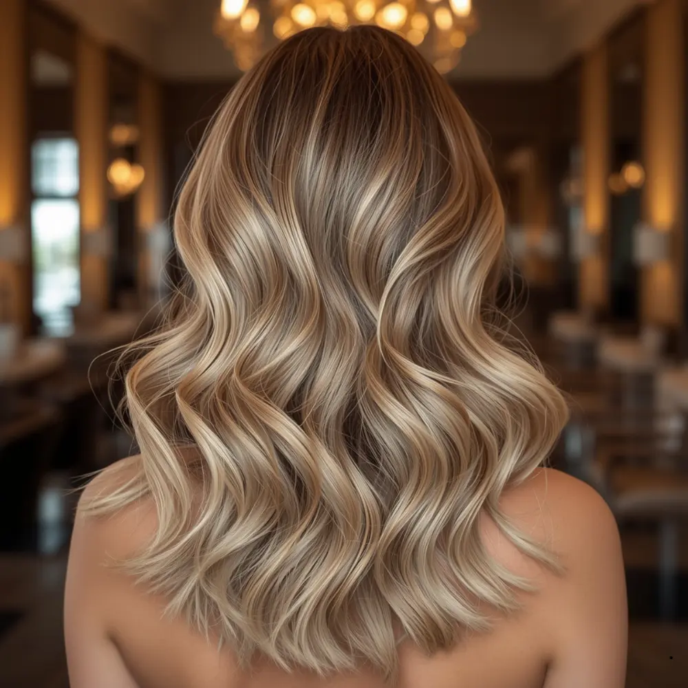 Eine Kundin präsentiert ihre wunderschönen, natürlich fliessenden Balayage Haare nach einem Besuch im Beautycenter by Neta in St. Gallen.