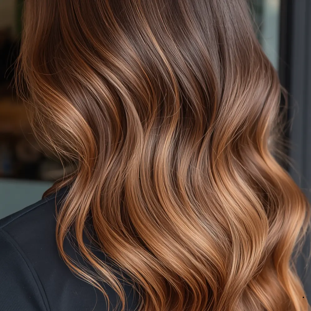 Der angesagte Tigereye-Balayage Trend mit warmen Karamell- und Goldnuancen, ideal für unsere Kundinnen aus Herisau und Gossau.
